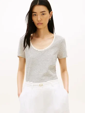 T-shirt con scollo rotondo in misto lino