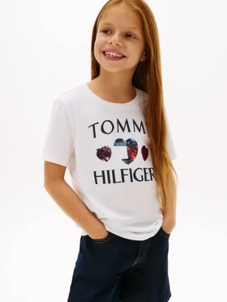 T-shirt da bambina con logo a forma di cuore in paillettes