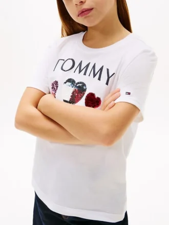 T-shirt da bambina con logo a forma di cuore in paillettes