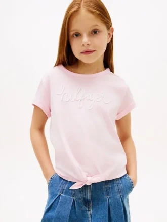 T-shirt da bambina con logo Hilfiger e cravatte sul davanti