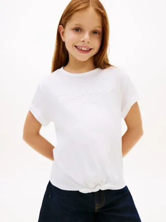 T-shirt da bambina con logo Hilfiger e cravatte sul davanti