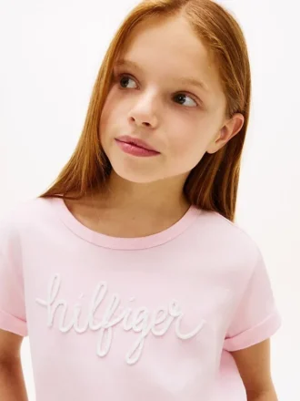 T-shirt da bambina con logo Hilfiger e cravatte sul davanti