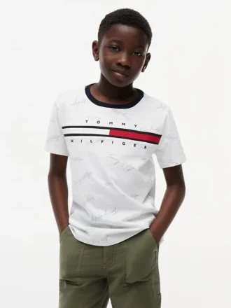 T-shirt da bambino con logo a strisce e bandiera
