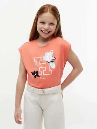 T-shirt da bambino con logo floreale in paillettes