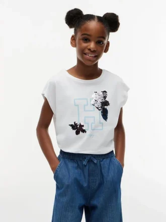T-shirt da bambino con logo floreale in paillettes