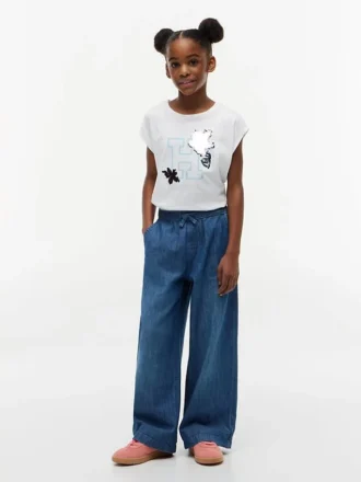 T-shirt da bambino con logo floreale in paillettes