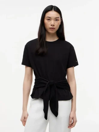 T-shirt in cotone fiammato con nodo sul davanti