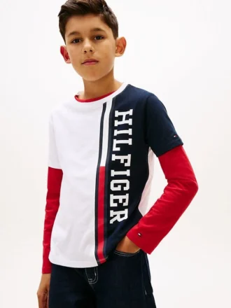 T-shirt per bambini con logo a blocchi di colore verticali