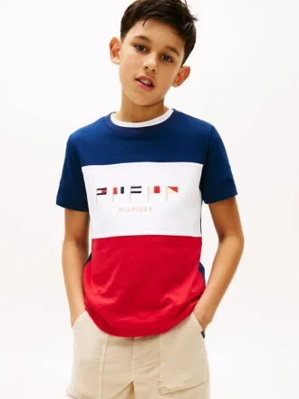 T-shirt per bambini con logo multibandiera a blocchi di colore