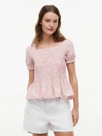 Top in popeline a righe arricciato