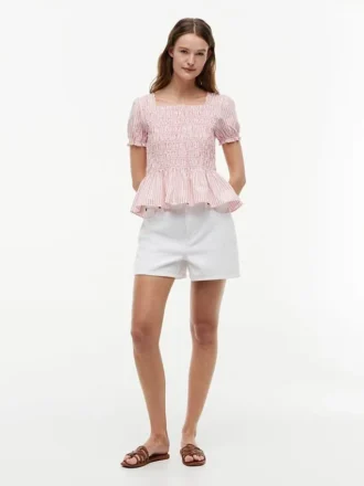 Top in popeline a righe arricciato